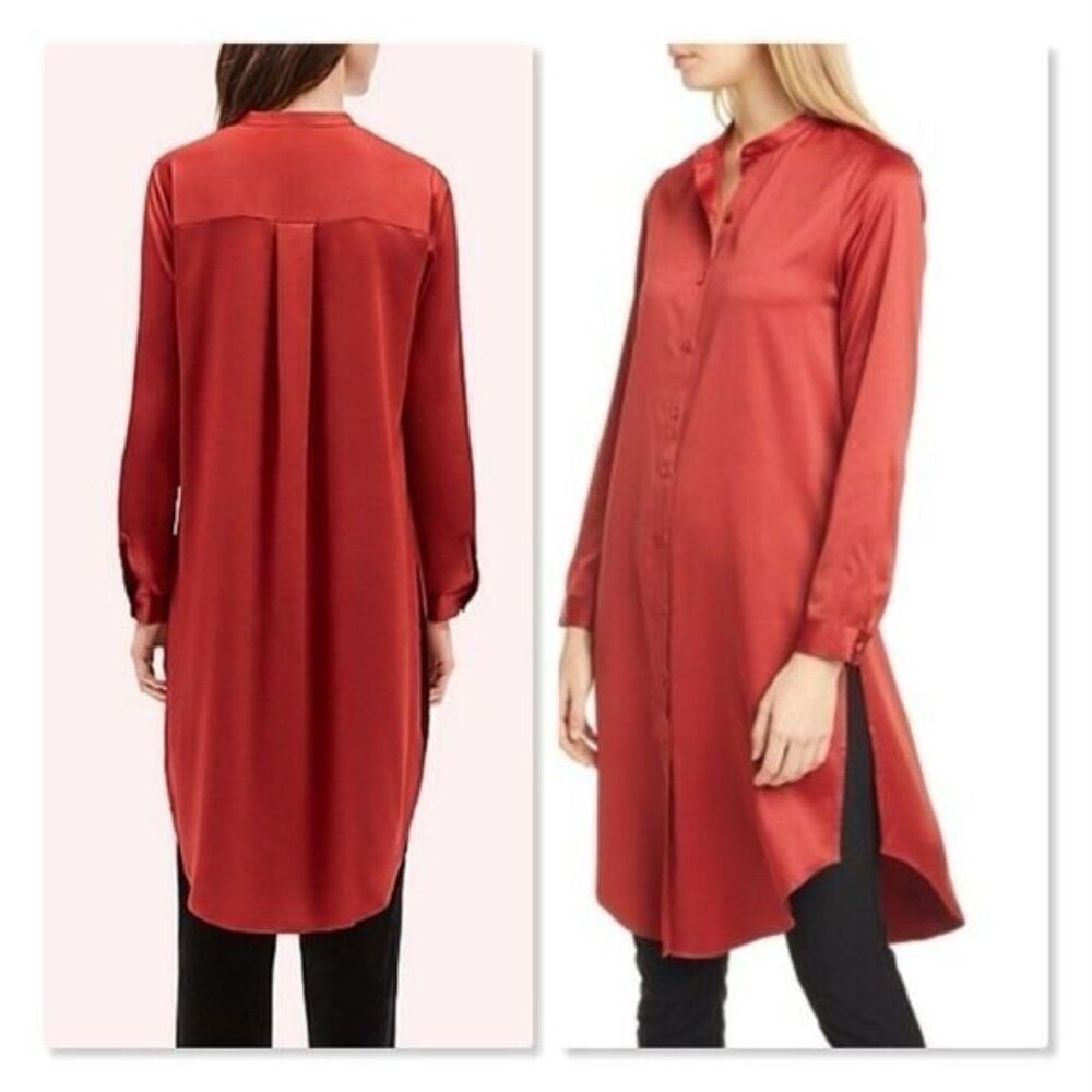 EILEEN FISHER Mandarin Collar Shirt S/P Serrano Red Satin Button Tunic R19GVM